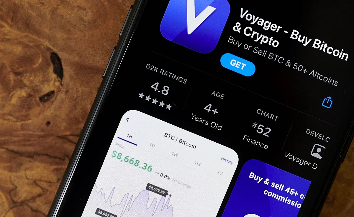 The Voyager Digital Ltd. application for download in the Apple App Store on a smartphone arranged in Little Falls, New Jersey.