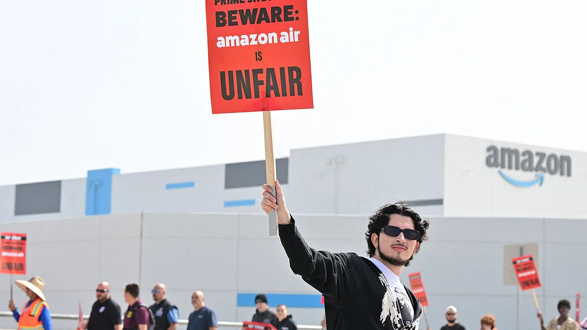Workers at Amazon's West Coast Air Freight Fulfillment Center in California protest in October. Photographer: Frederic J. Brown/AFP/Getty Images