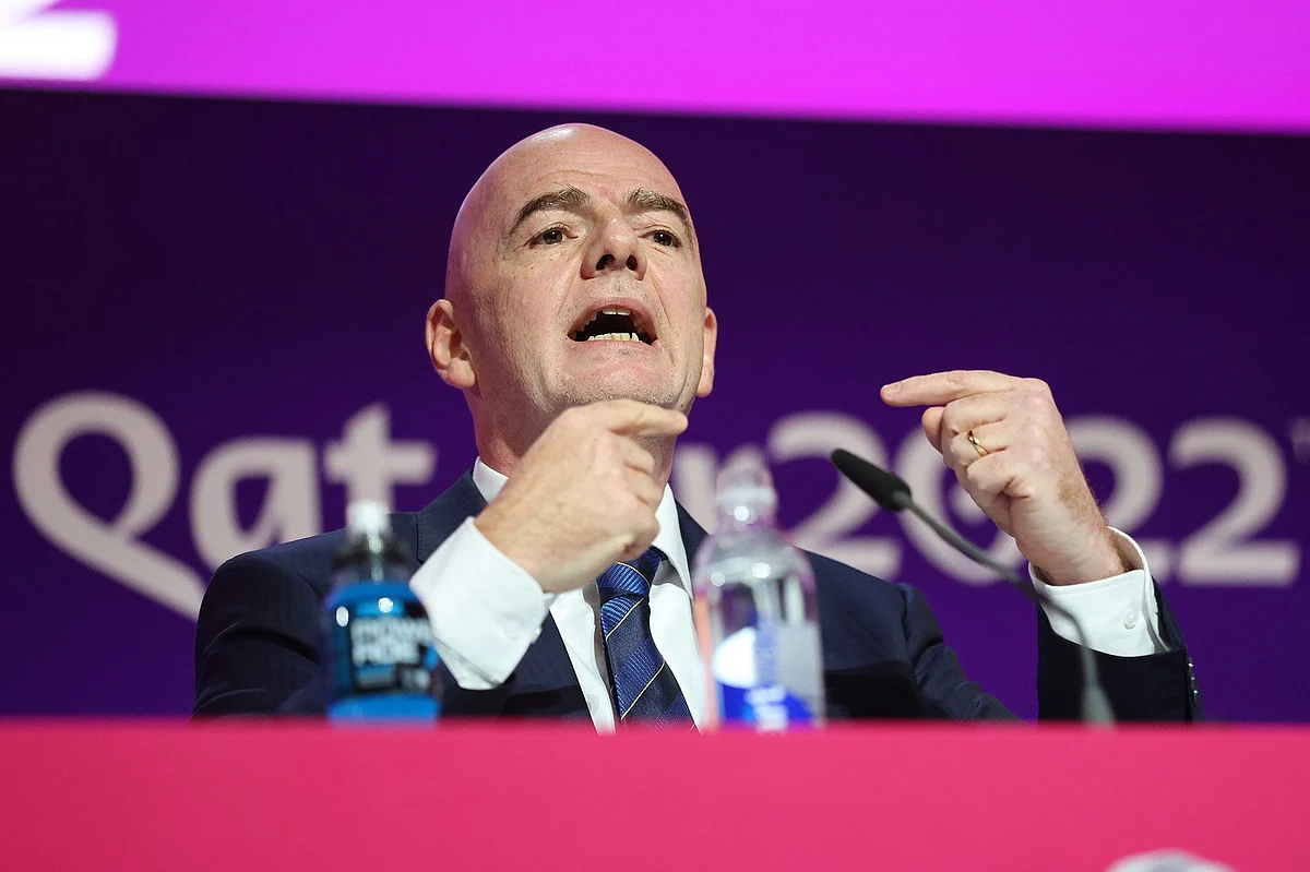 DOHA, QATAR - NOVEMBER 19: Fifa president Gianni Infantino reacts on November 19, 2022 in Doha, Qatar. (Photo by Marc Atkins/Getty Images)