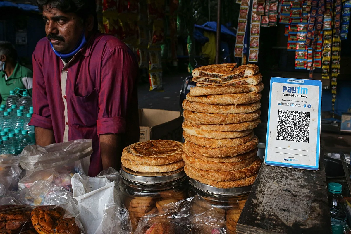 The Paytm QR code is displayed at a tea stall at a wholesale vegetable market in Bengaluru, India, on Wednesday, Oct. 13, 2021. Photographer: Dhiraj Singh/Bloomberg