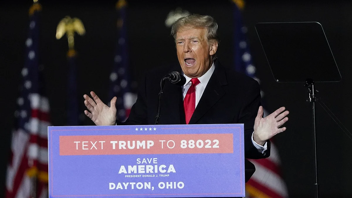 Former US President Donald Trump speaks during a 'Save America' rally in Vandalia, Ohio, US, on Monday, Nov. 7, 2022. Former President Donald Trump suggested an announcement that he plans to make another White House bid is imminent and attacked Florida Governor Ron DeSantis at a rally in Pennsylvania, a sign the former president is training his ire on a potential chief rival in a 2024 GOP primary.