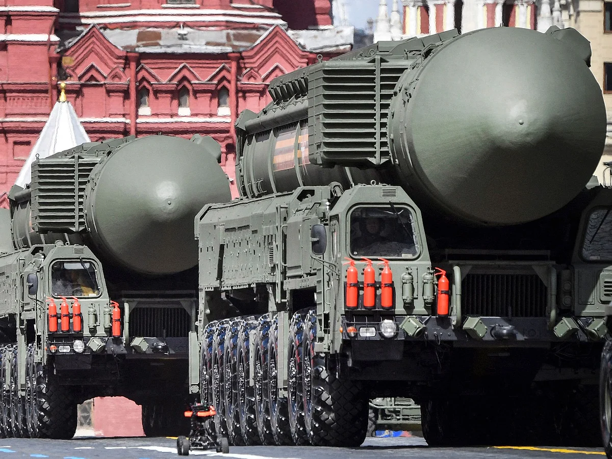 Russian Yars intercontinental ballistic missile launchers during a Victory Day military parade in Moscow in May. Photographer: Alexander Nemenov/AFP/Getty Images