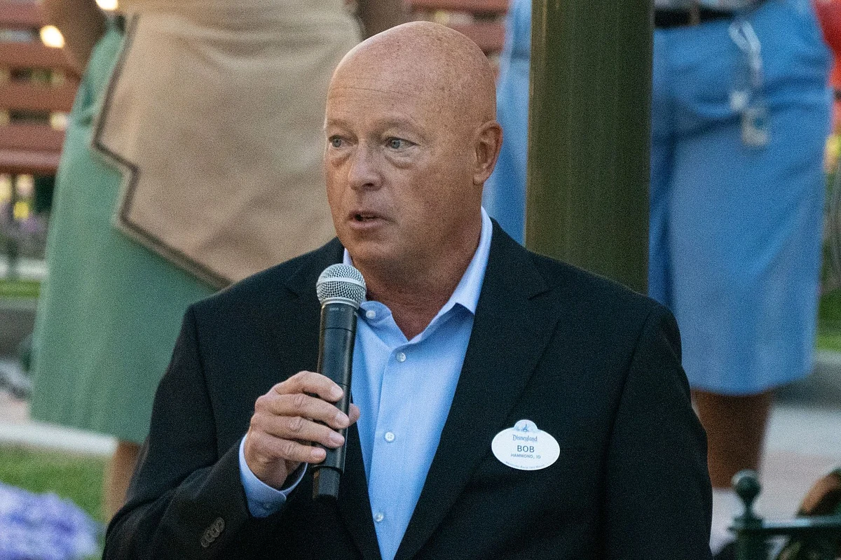 Bob Chapek, chief executive officer of Walt Disney Co., speaks during the reopening of the Disneyland theme park in Anaheim, California, U.S., on Friday, April 30, 2021. Walt Disney Co.'s original Disneyland resort in California is sold out for weekends through May, an indication of pent-up demand for leisure activities as the pandemic eases in the nation's most-populous state.