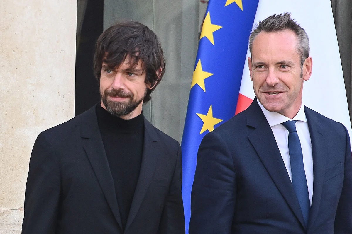 Jack Dorsey and Damien Viel in Paris, 2019. Photographer: Dominique Faget/AFP/Getty Images