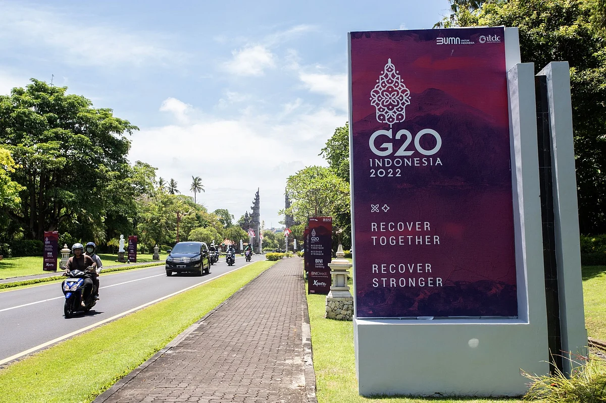 Banners for the G20 Bali Summit installed at Nusa Dua, in Bali, Indonesia, on Thursday, Nov. 10, 2022. The G20 summit, which will be held Nov. 15-16 at Nusa Dua, is expected to contribute as much as 7.4 trillion rupiah ($472 million) to the economy, according to the government.