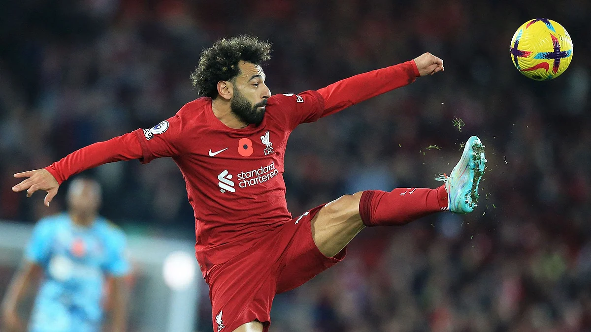 Liverpool's Egyptian striker Mohamed Salah in action during the English Premier League football match between Liverpool and Southampton at Anfield in Liverpool, north west England on November 12, 2022. Photographer: Lindsey Parnaby/AFP/Getty Images