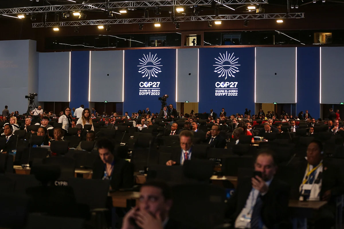 Delegates listen to national statements at the COP27 climate conference at the Sharm El Sheikh International Convention Centre in Sharm El-Sheikh, Egypt, on Monday, Nov. 7, 2022. More than 100 world leaders started arriving in the Egyptian resort of Sharm el-Sheikh for the UN’s annual climate change summit, attempting to maintain momentum in the battle to curb planet-warming emissions. Photographer: Islam Safwat/Bloomberg