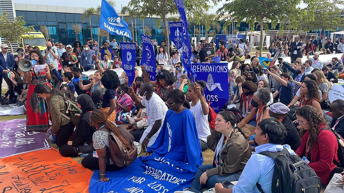 Protests outside COP27 on Thursday.