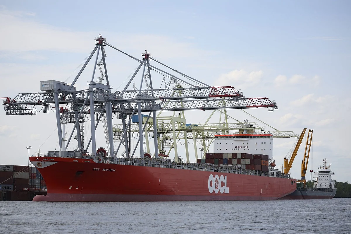 The OOCL Montreal container ship is loaded with cargo at the Port of Montreal in Montreal, Quebec, Canada, on Monday, June 6, 2022. The head of Canada’s second-biggest port said the ability to dock and load efficiently there is luring new clients even though doing so requires traveling the length of the St. Lawrence River, 1,000 kilometers (620 miles) inland from the Atlantic Ocean.