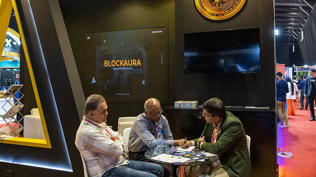 The BlockAura booth at the Crypto Expo in Dubai in October. Photographer: Christopher Pike/Bloomberg