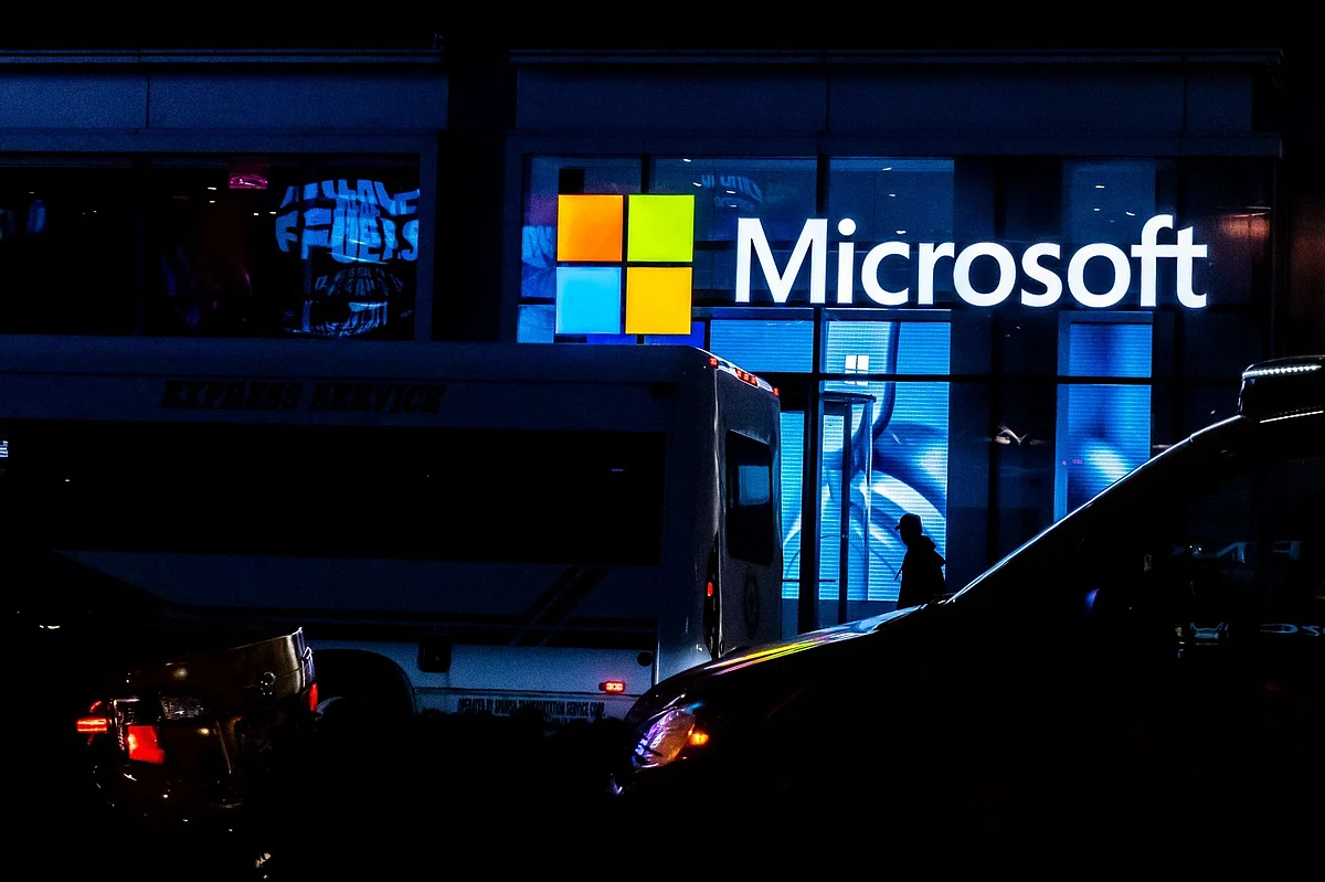 NEW YORK, NY - MARCH 13: A signage of Microsoft is seen on March 13, 2020 in New York City. Co-founder and former CEO of Microsoft Bill Gates steps down from Microsoft board to spend more time on the Bill and Melinda Gates Foundation. (Photo by Jeenah Moon/Getty Images)