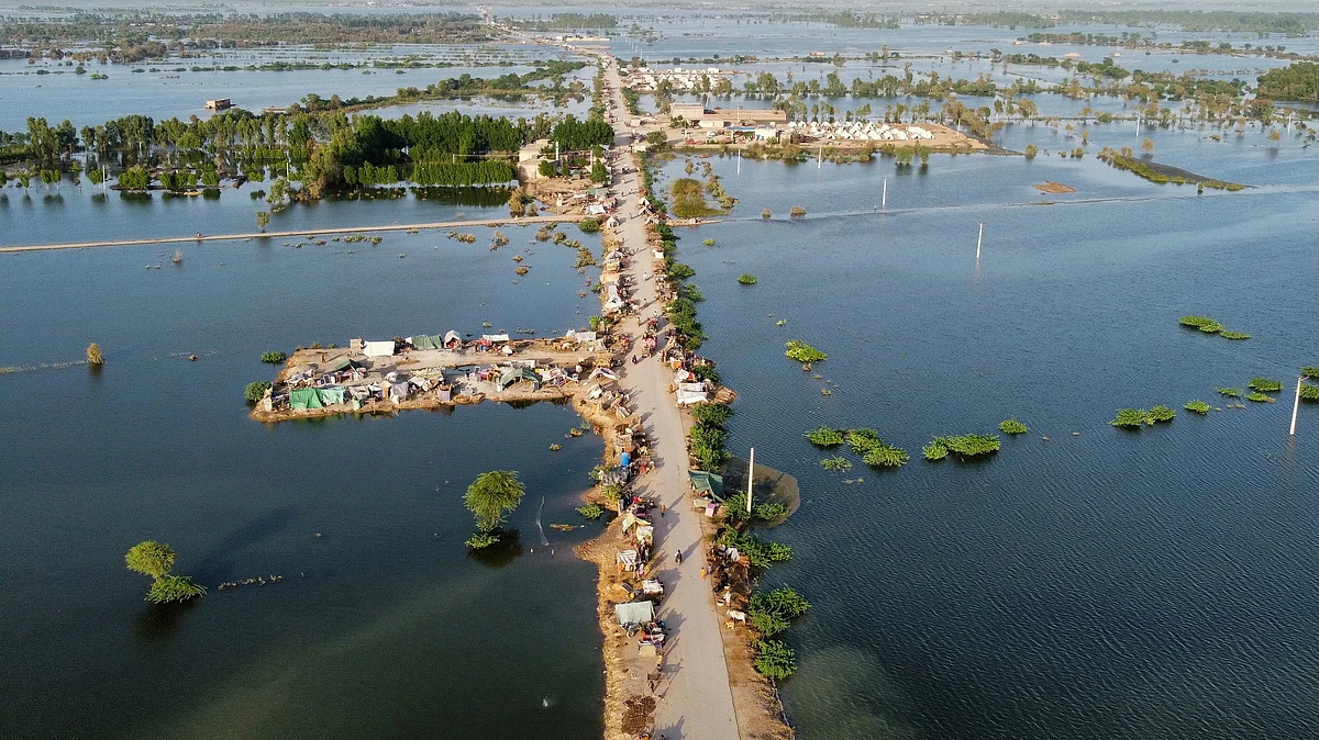 This aerial photograph shows makeshift tents for people displaced due to the floods after heavy monsoon rains at Sohbatpur in Jaffarabad district of Balochistan province on September 4, 2022. Photographer: Fida Hussain/AFP/Getty Images
