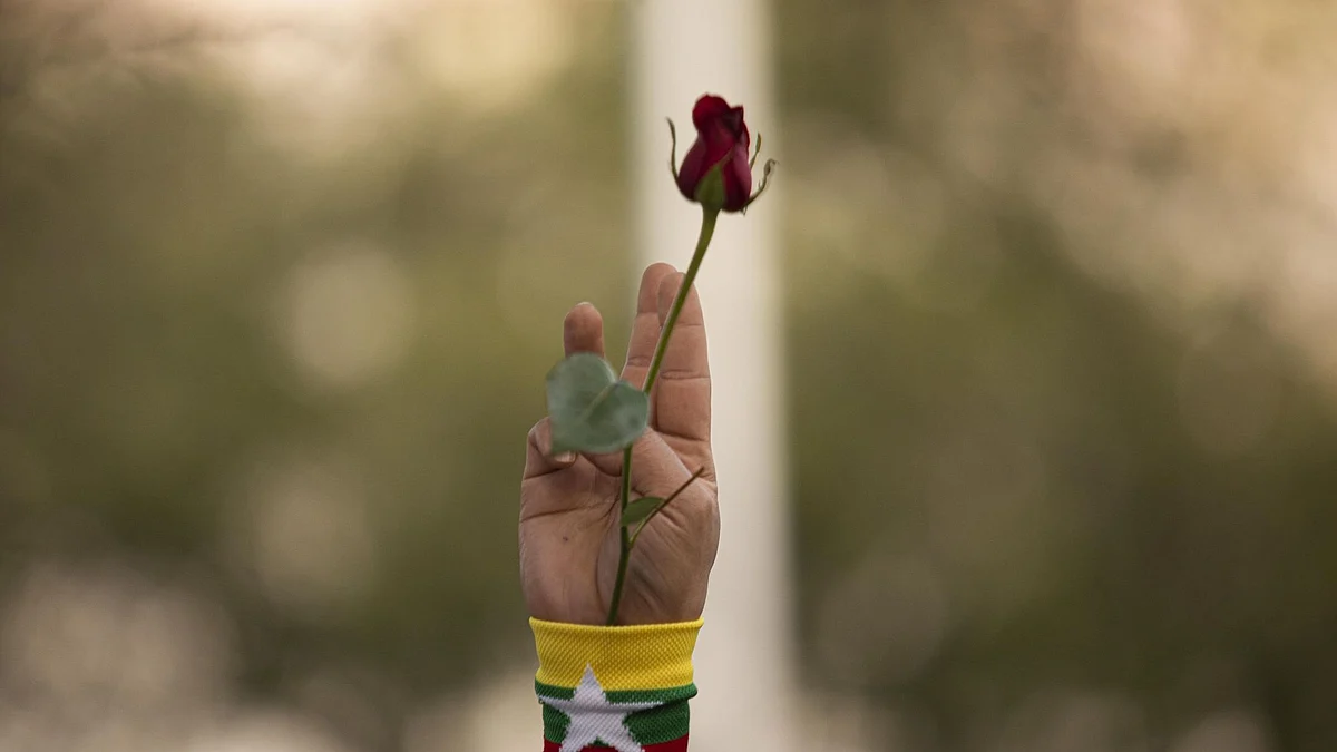 A demonstrator gives with the three-finger salute during a protest outside the United Nations Building in Bangkok, Thailand, on Thursday, March 4, 2021. The U.S. criticized Myanmar's security forces for using deadly force against anti-coup protesters as the United Nations said another 38 protesters were killed across the country on March 3. Photographer: Andre Malerba/Bloomberg