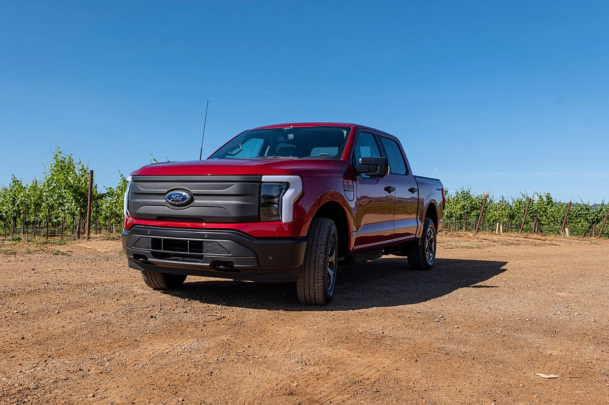 A Ford Lightning F-150 pickup truck during a media event at Vino Farms in Healdsburg, California, US, on Friday, May 20, 2022. With the release of the F-150 Lightning, Ford hopes to electrify new and traditional truck buyers alike, and eventually to replace its industry-defining gas-powered line.