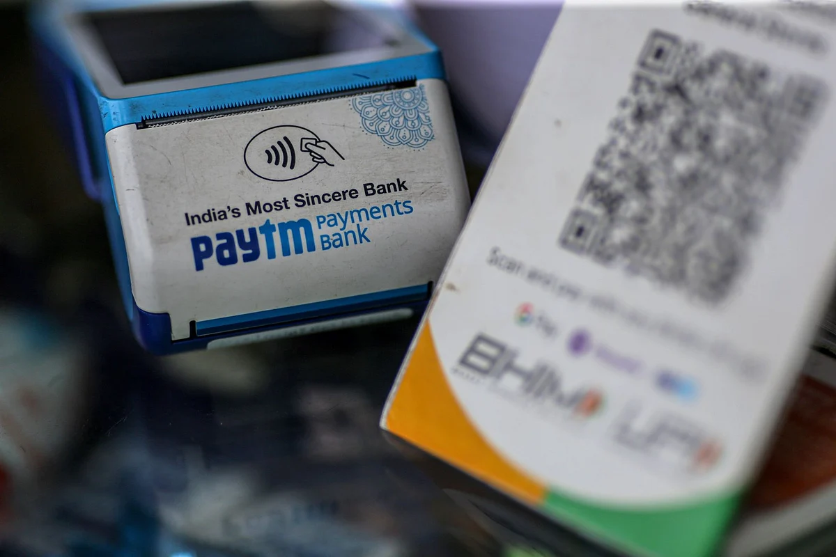 A Paytm All-In-One POS payment device arranged at a medical store in Mumbai, India, on Saturday, July 17, 2021. Paytm, the Indian digital payments pioneer backed by SoftBank Group Corp., is seeking approval for a $2.2 billion initial public offering that could be India's largest.
