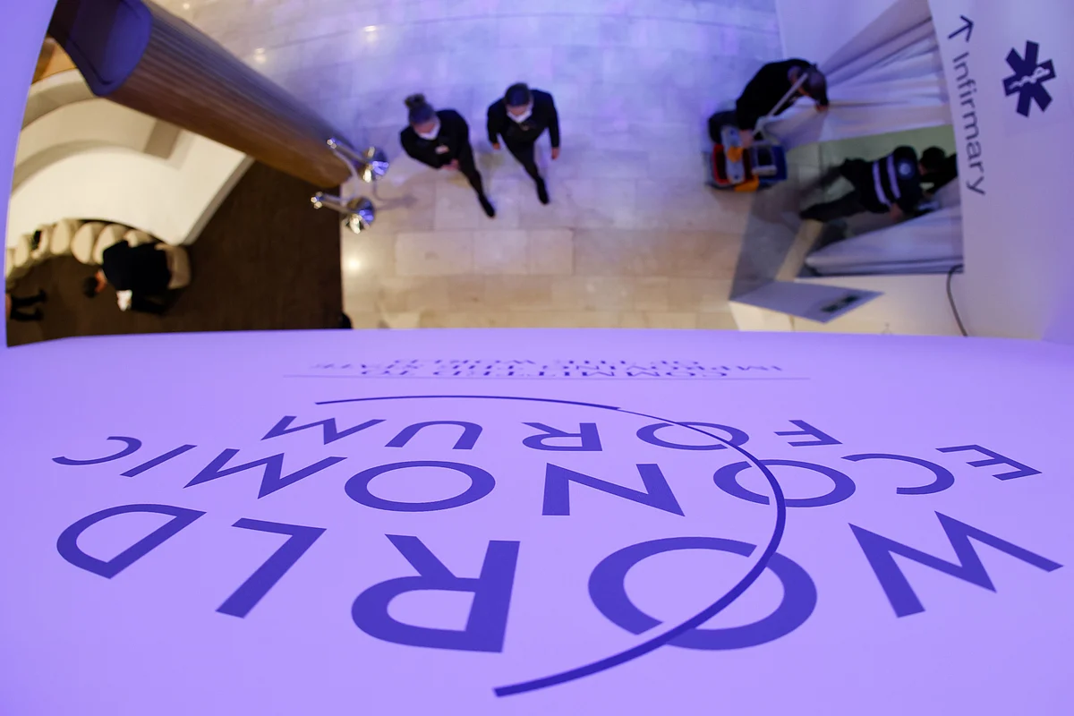 The logo the World Economic Forum (WEF) inside the Congress Centre in Davos, Switzerland, on Monday, Jan. 16, 2023. The annual Davos gathering of political leaders, top executives and celebrities runs from January 16 to 20.