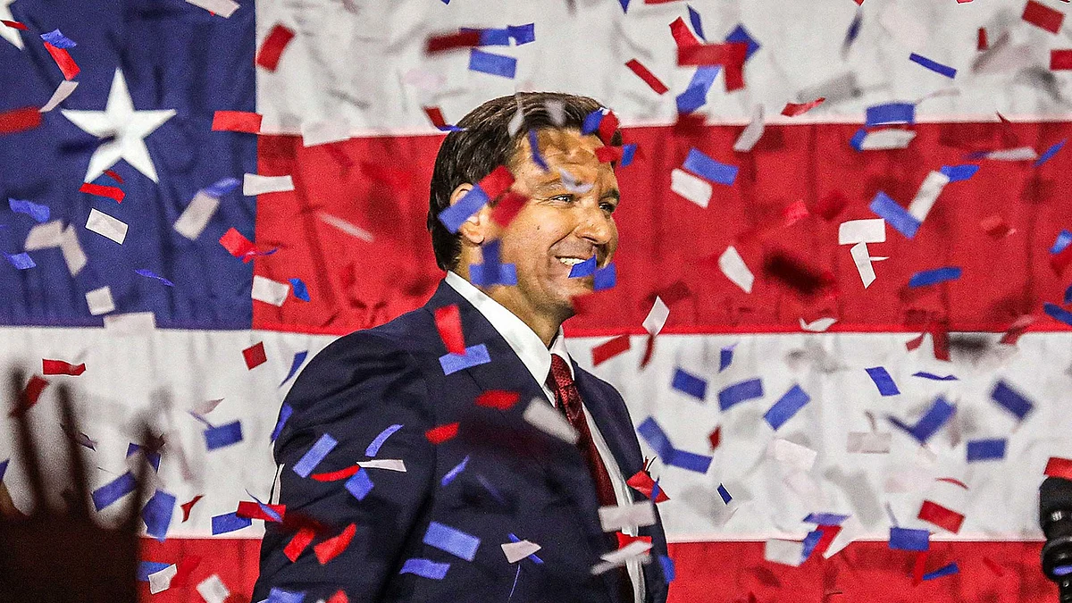 DeSantis onstage at an election-night watch party at the Tampa Convention Center on Nov. 8.