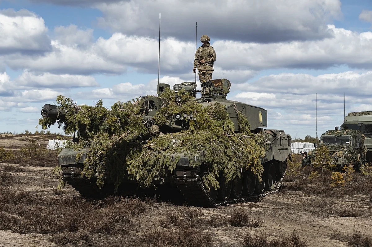 A British Army Challenger 2 main battle tank during the Finnish Army Arrow 22 training exercise, with participating forces from the U.K., Latvia, U.S. and Estonia, in Niinisalo, Finland, on Wednesday, May 4, 2022. Swedes and Finns are increasingly in favor of joining the NATO defense bloc after Russia's invasion of Ukraine, adding pressure on the countries' leaders to change long-standing policies of military non-alignment.