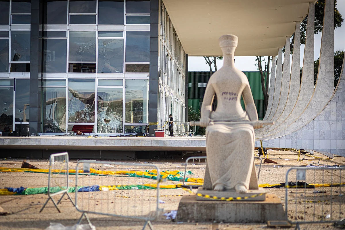 Damage outside Brazil’s Supreme Court following attacks on government buildings by supporters of former President Jair Bolsonaro in Brasilia on Sunday