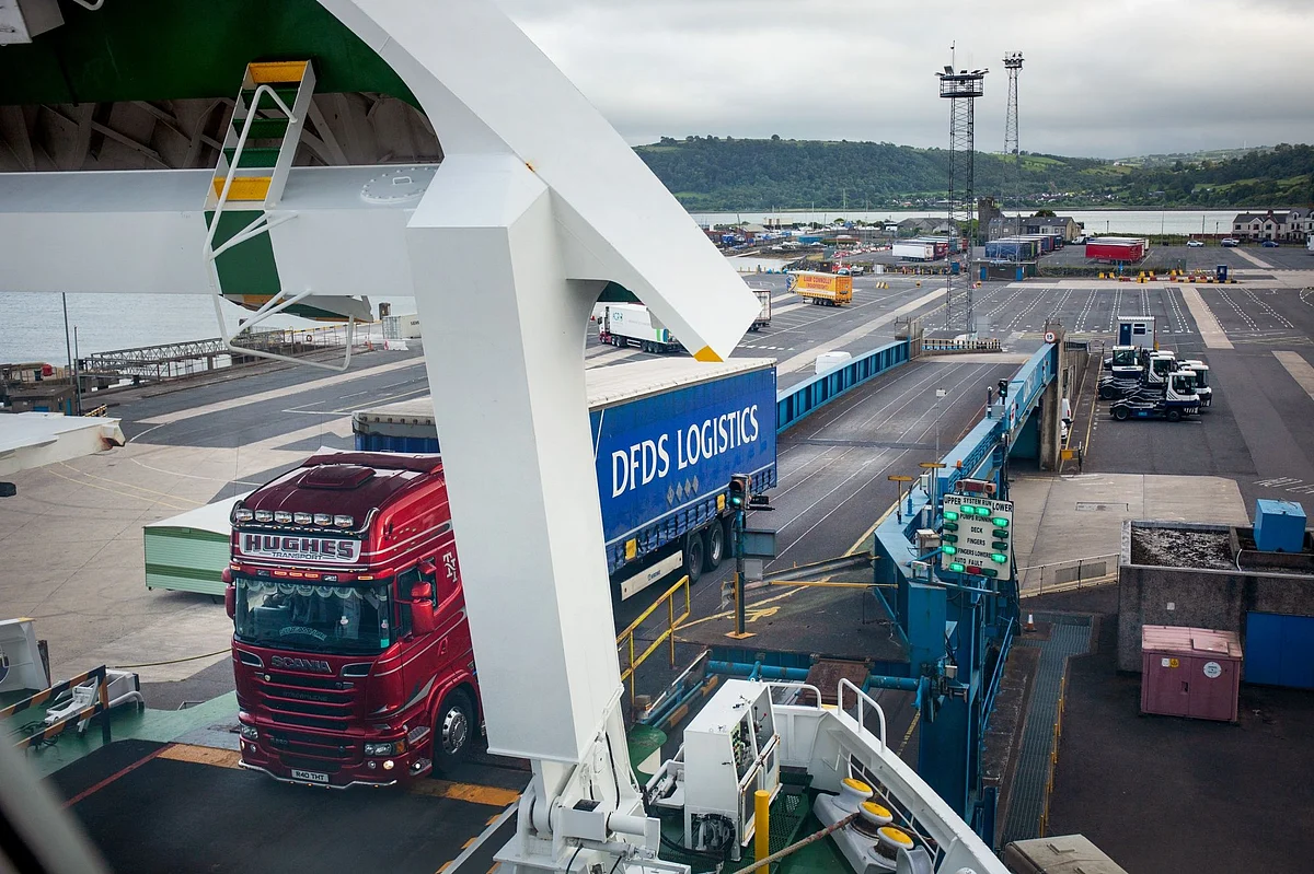A haulage truck boards a ferry at Larne Port in Larne, Northern Ireland, UK, on Wednesday, July 6, 2022. British Prime Minister Boris Johnson wants Parliament to pass his plan to override the Brexit deal by the end of 2022, but it could take as long as a year to become law if the House of Lords digs in.