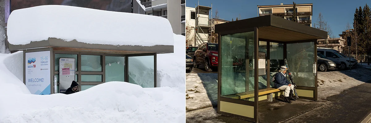 A bus stop in the town of Davos in Jan. 2018, left, and Jan. 2023, right. Photographers: Jason Alden/Francesca Volpi/Bloomberg