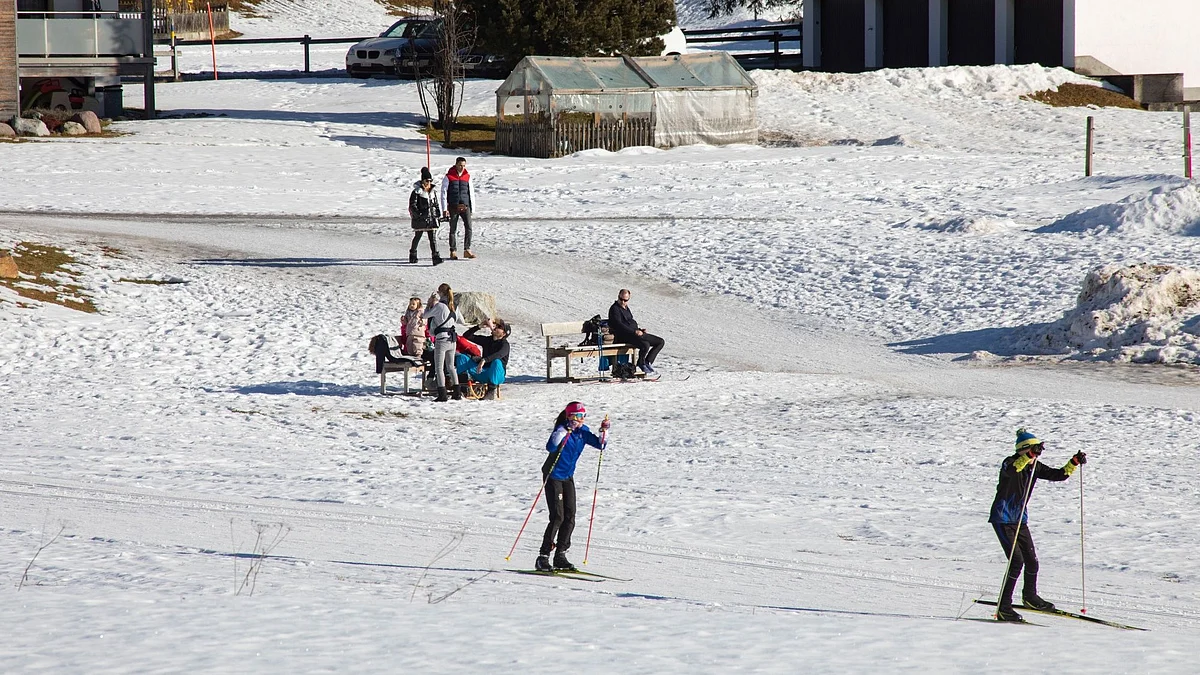 Cross-country skiers last week in Davos, where snow has been a rare commodity this year. Photographer: Francesca Volpi/Bloomberg