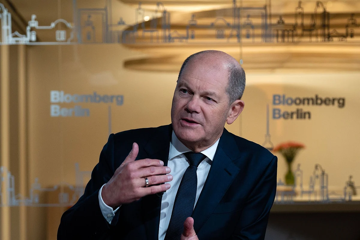 Olaf Scholz during a Jan. 17 interview with Bloomberg Television. Photographer: Jacobia Dahm/Bloomberg