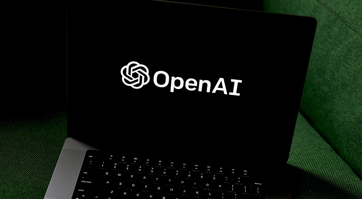 The OpenAI logo on a laptop computer arranged in the Brooklyn borough of New York.