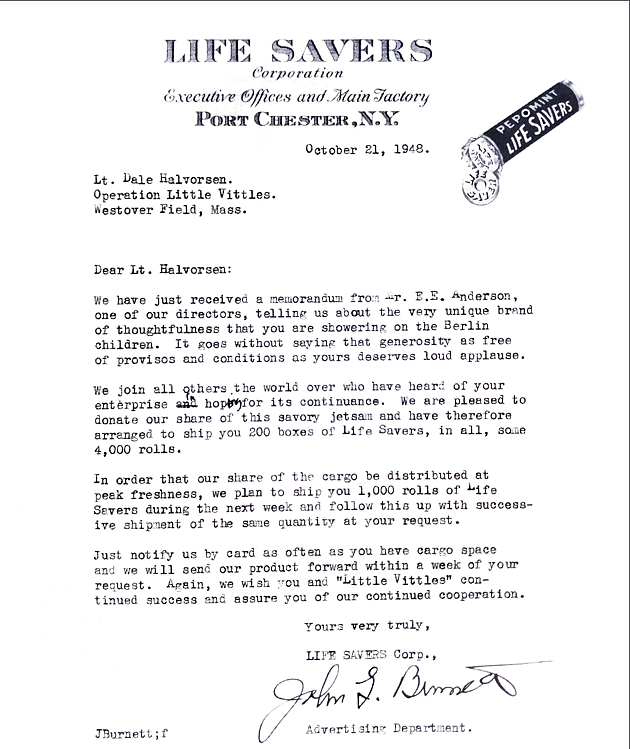 A shipment letter for 4,000 rolls of candy from the Life Savers Corp.