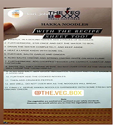 A recipe sheet that accompanies The Veg Boxxx Hakka Noodles