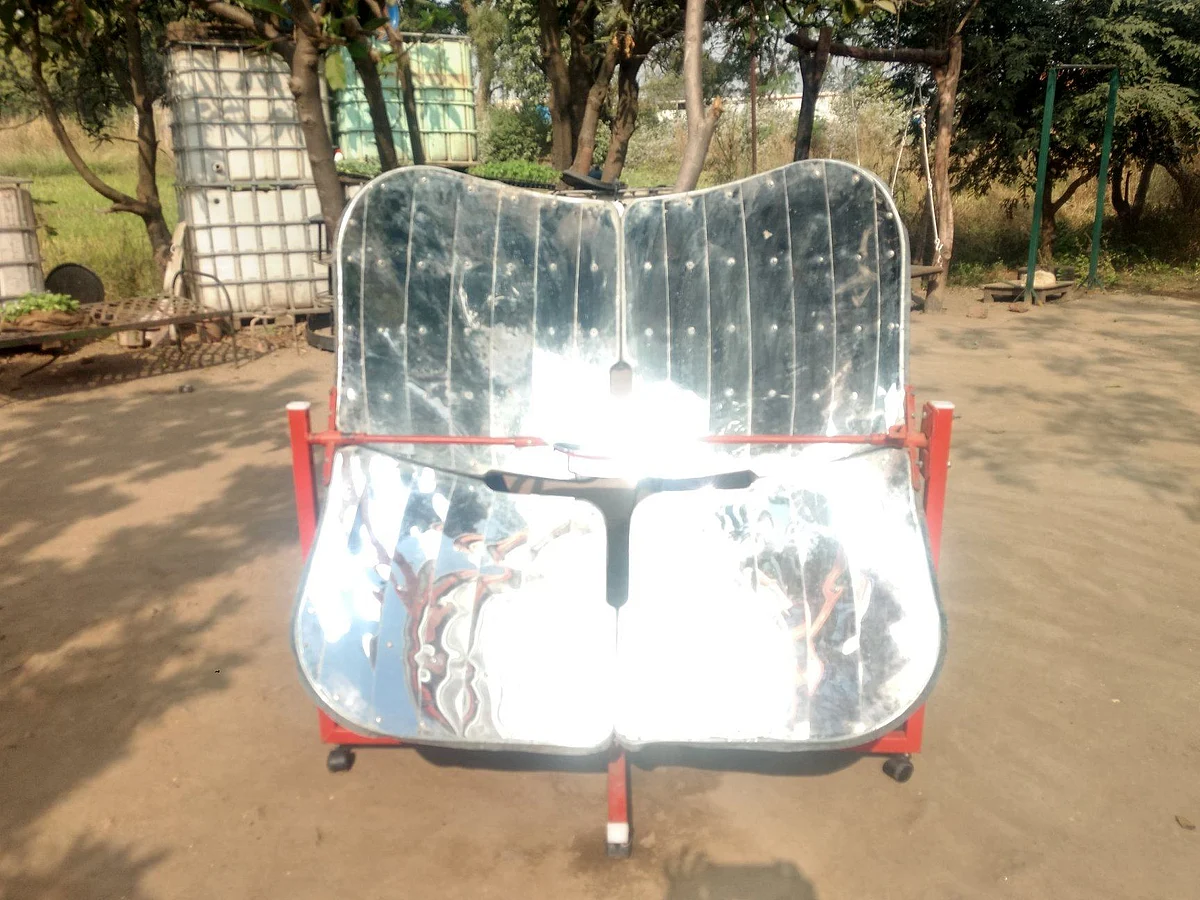 The solar cooker all set to capture sunlight