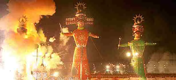 A Dusshera celebration where the three effigies are being burnt