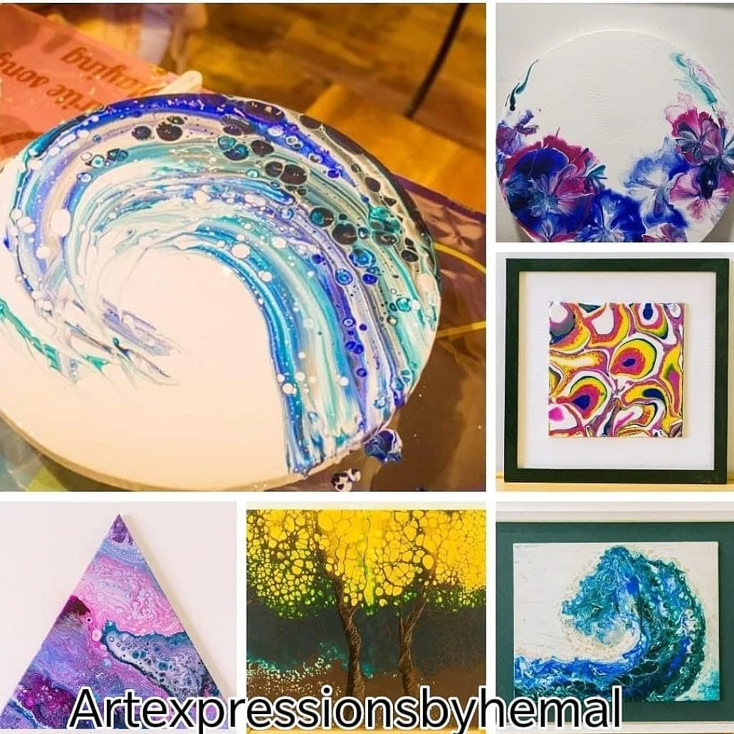 Samples of Hemal's fluid and resin art