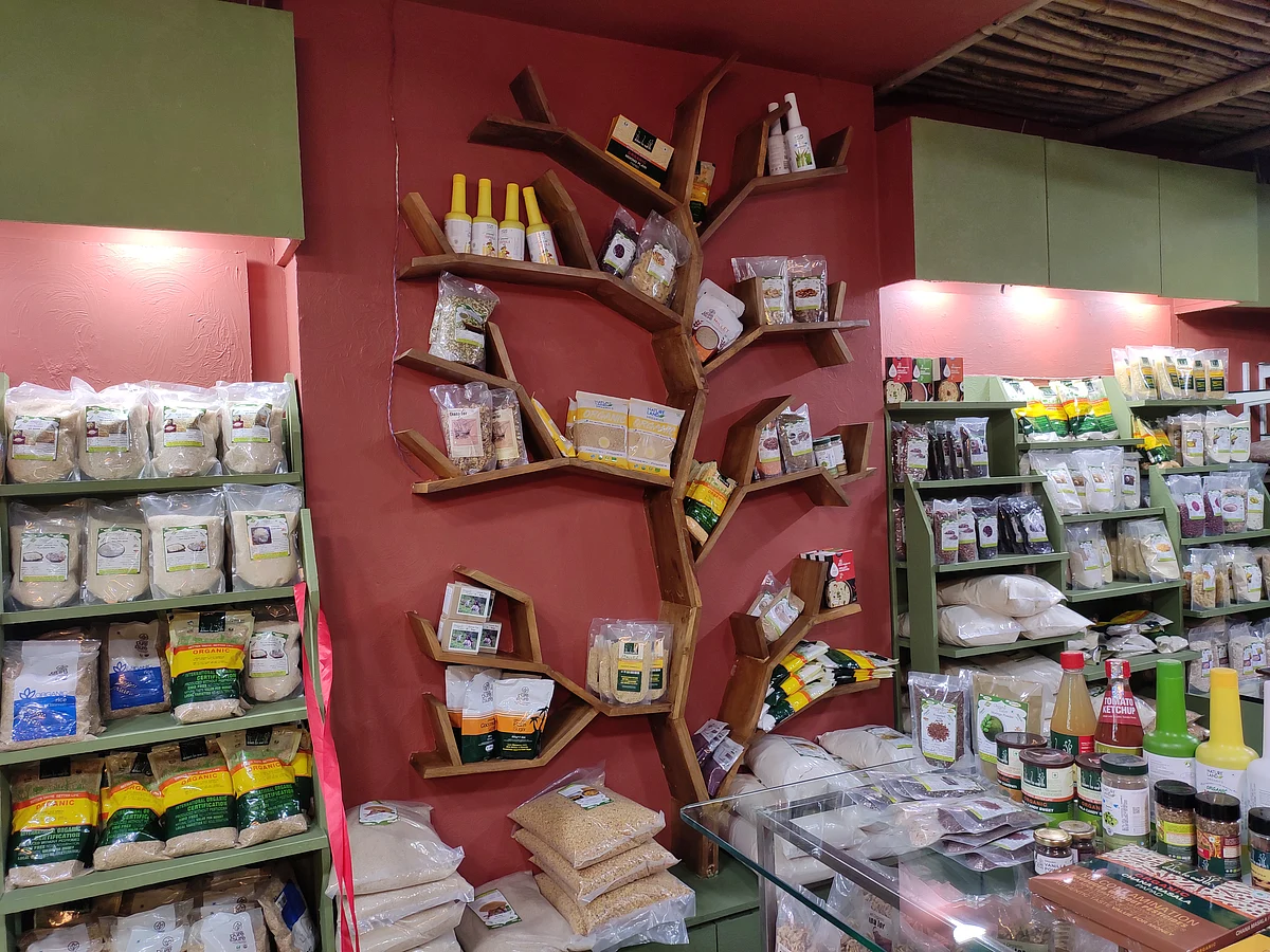 A tree-shaped shelf displaying organic products at Organic Dolchi