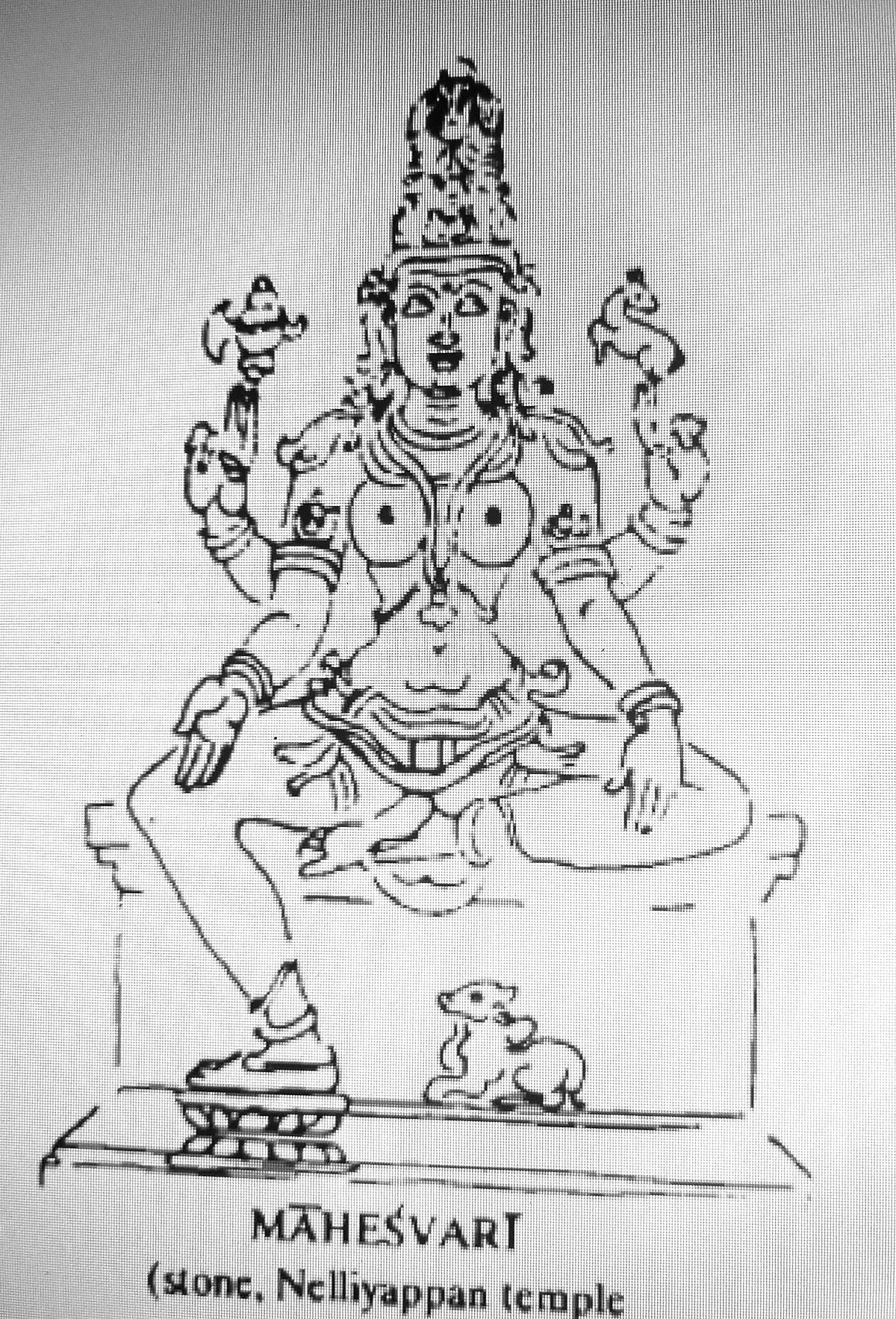 Line drawng of Goddess Maheshwari from 'Pratima Kosh'.
