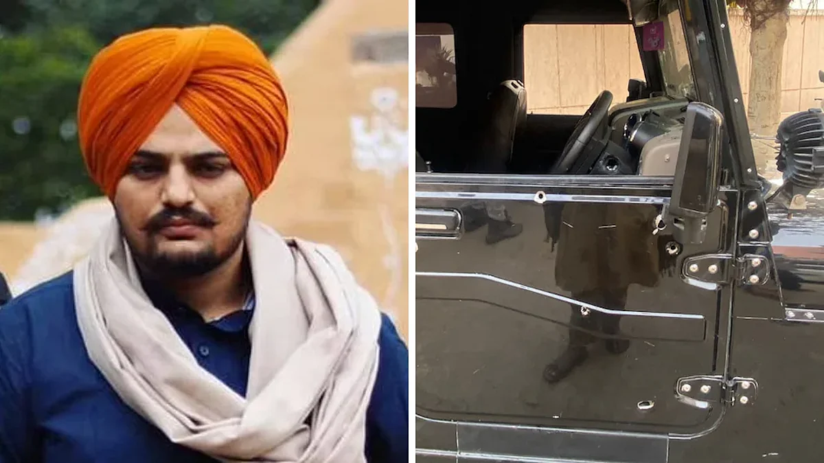 सिद्धू मूसेवाला की तस्वीर और उनकी कार जिसमें मूसेवाला सवार थे