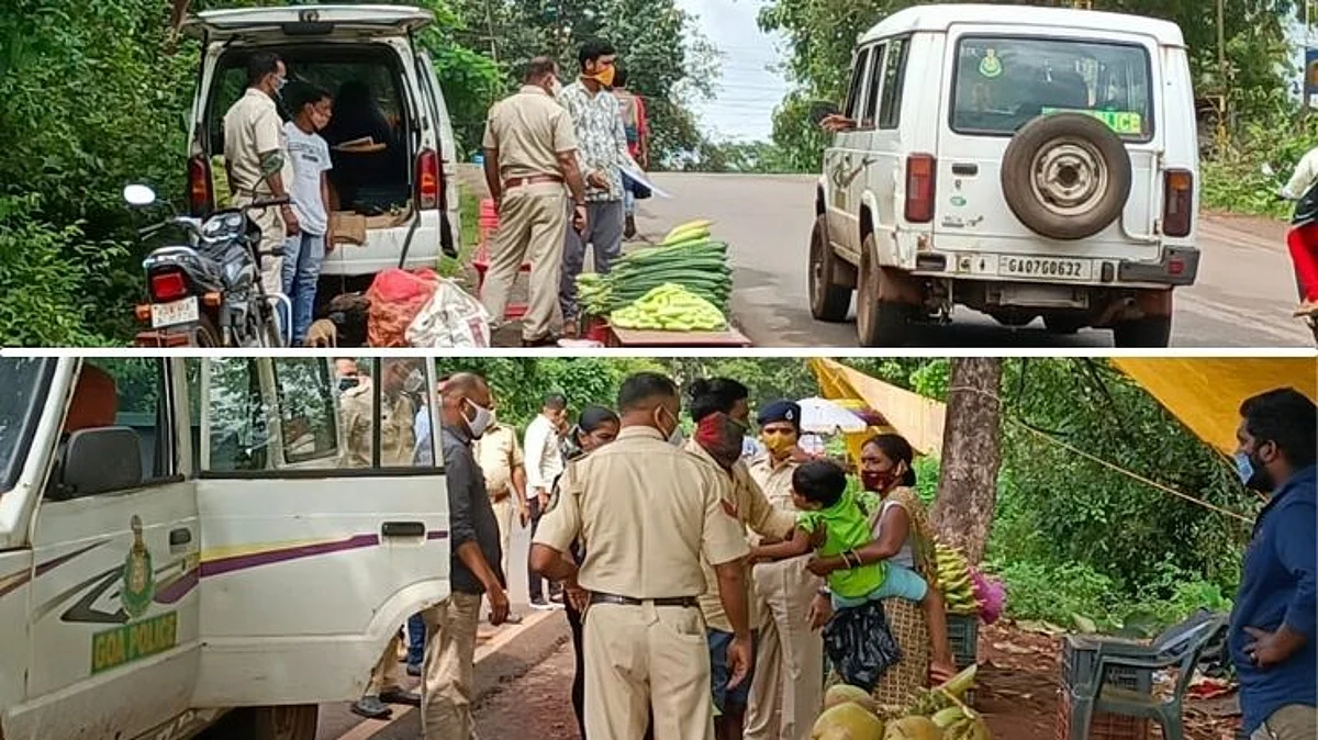डिचोली येथे रस्त्याच्या बाजूला बसलेल्या विक्रेत्यांना हुसकावताना पोलिस (Goa)