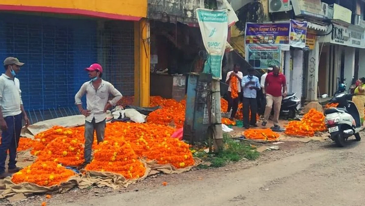 झेंडूच्या फुलांनी बहरला बाजार
