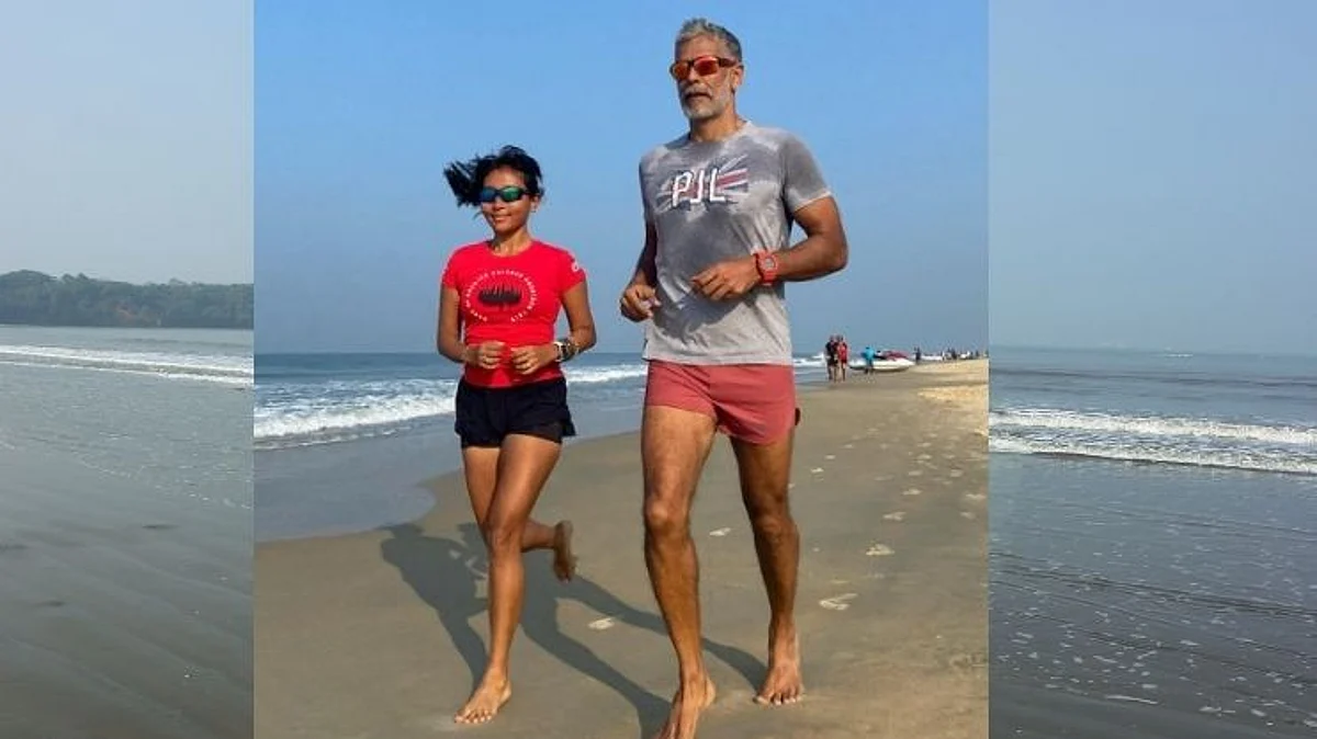Milind Soman Ankita Konwar running on Goa beach