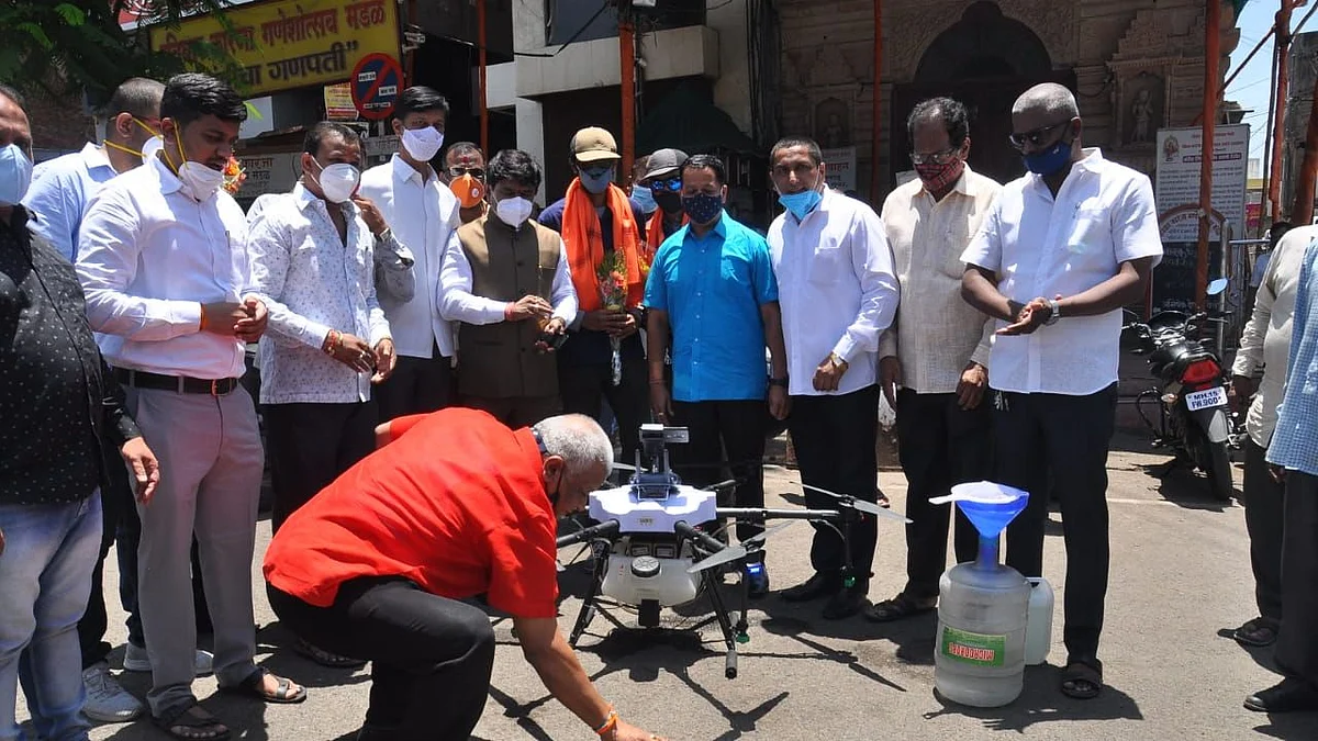Disinfectant spraying by drone in the city