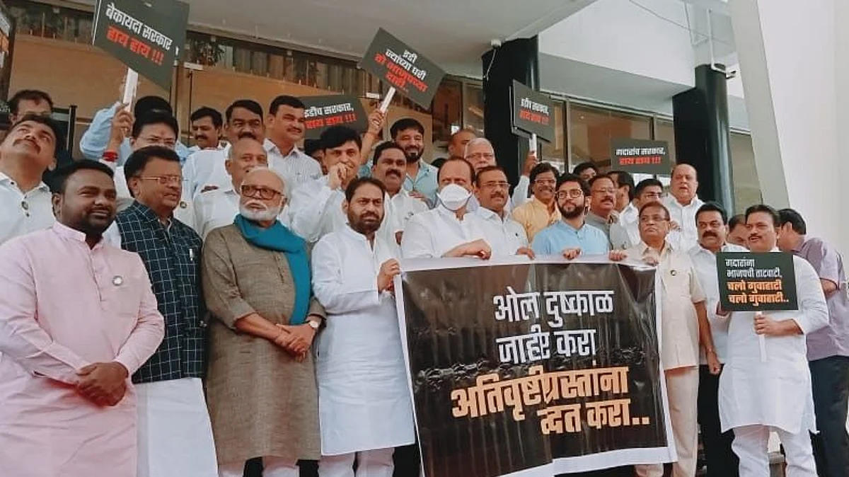 'फिफ्टी फिफ्टी, चलो गुवाहाटी', विधिमंडळाच्या पायऱ्यांवर विरोधकांची घोषणाबाजी