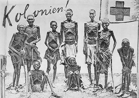 A photograph taken in 1907 of the Herero tribe who were forced to live in the desert and died of starvation (credit: The association of the ovaherero genocide in USA )
