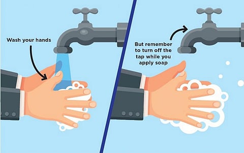 A person washing hands 8-10 times a day would consume around 15-20 litres of water per day. (Illustration: Vijayendra Pratap Singh)