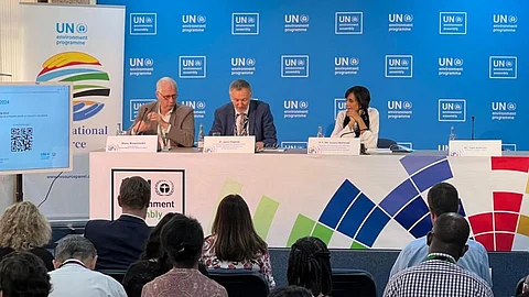 David Cooper, acting executive secretary, Secretariat of the Convention on Biological Diversity; Janez Potočnik, co-chair, IRP and lead author of the report and Susanna Mohamed Gonzalez, UNEA-6 deputy president and Colombia’s Minister for Environment, present the report at UNEA-6. Photo shared by @susanamuhamad / X