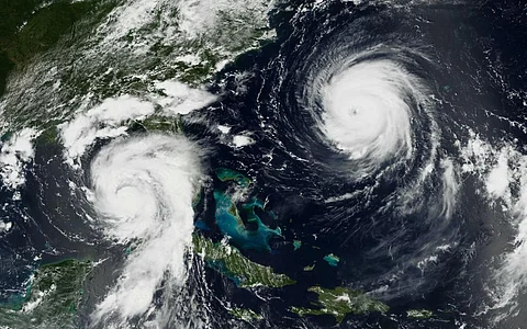 Hurricane Idalia neared the Florida coast at the same time Hurricane Franklin, with a clearer eye wall, churned in the Atlantic on Aug. 29, 2023. Photo: NASA via Wikimedia