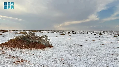 The Al-Jawf region has been covered in hail and heavy rain, leading to white-capped terrains in areas like Sakaka city and Dumat Al-Jandal governorate