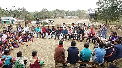 A meeting in Men Tisso village of Karbi Anglong in the proposed site for the ADB funded Solar Power Park where Karbi and Naga landowners vowed to protect their lands from acquisition for the project. 