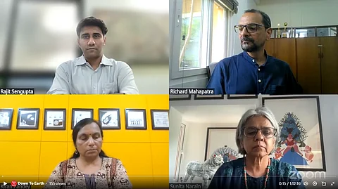 Sunita Narain, Richard Mahapatra, Rajit Sengupta and Kiran Pandey speaking at the launch of the report.