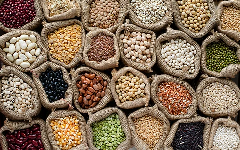 A variety kinds of natural cereals and grain seeds in sacks