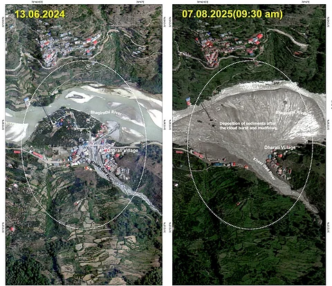 ISRO satellite images reveal the scale of Dharali’s destruction: A fan-shaped deposit of sediment and debris
